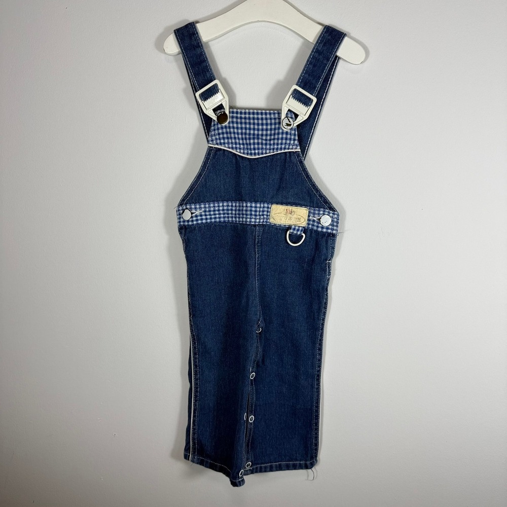 Fruit of the Loom Vintage Denim Overalls Gingham Trim Blue Size 2T HONG KONG